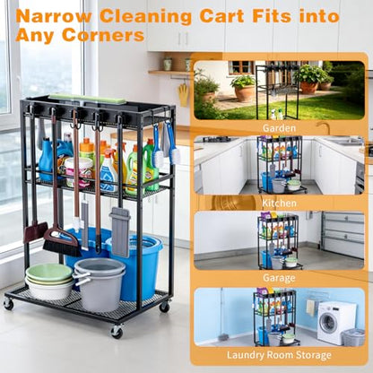 Easy-Assembly Broom Holder Cart for Laundry | Sturdy & Multifunctional Storage Cart, 22" Wide, 300-lb Capacity, Lock-brake Wheels, Holds Vacuum & Steam Mop