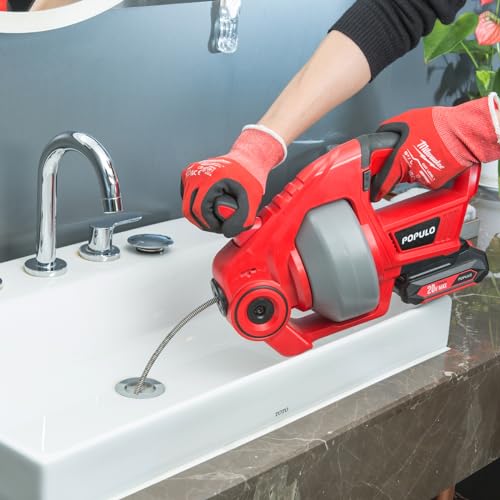 POPULO 20V Cordless Electric Drain Auger-Efficient 25Ft Auto-Feed Drain Snake with Replaceable Cable,2.0Ah Battery,Charger,Storage Bag & Gloves for Kitchen,Bathroom,Shower Pipes (3/4"-2")" - style: 25ft Standard - Red