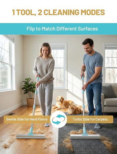 Carpet Rake for Pet Hair Removal: DELOMO Carpet Scraper Broom with 54” Adjustable Long Handle, Dual-Sided, Metal + Short Silicone for Carpets & Rugs, Extended Silicone for Shag Rugs & Hard Floors