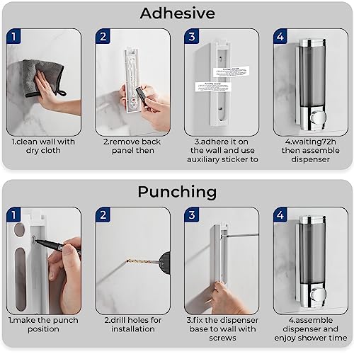 Pollock Shampoo and Conditioner Dispenser Wall Mounted, Shower Soap Dispenser 2 Chamber No Drill, Shampoo Dispenser for Shower, Body Wash Dispenser for Bathroom, Large Capacity, (Silver DG1 Chamber) - color: Silver Dg1 Chamber