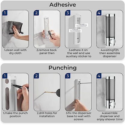 Pollock Shampoo and Conditioner Dispenser Wall Mounted, Shower Soap Dispenser 2 Chamber No Drill, Shampoo Dispenser for Shower, Body Wash Dispenser for Bathroom, Large Capacity, (Silver DG1 Chamber) - color: Silver Dg1 Chamber