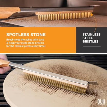 26'' Pizza Oven Brush with Stone Scraper - Includes 2 Brush Heads, Heat-Resistant Gold Stainless Steel Bristles - Long Grip Handle, Compatible with Ooni, Gozney, Blackstone, Solo Stove Ovens - color: Tan - 2 Brush Heads