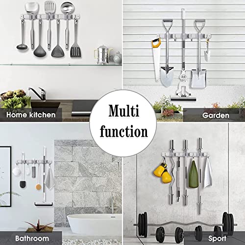 Broom Mop Holder Wall Mount Broom Hanger Wall Mounted Metal Organization Garage Storage Garden Kitchen Tool Organizer With 4 Racks and 5 Hooks (Silver, 1 Pack 3R4H)…