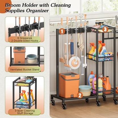 Broom Holder with Cleaning Supplies Organizer, Broom Closet Storage Cabinet with Cleaning Caddy Vacuum Stand, Cleaning Cart with Mop Hanger Gripper Rack Hook, Laundry Room Organization Home Essentials - color: Black