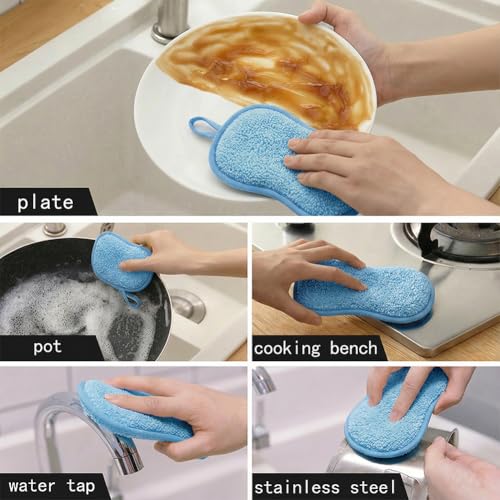 6Pcs Microfiber Cleaning Cloths & Sponges Set - 3Pcs Absorbent Towels + 3Pcs Dual-Sided Scrub Sponges - for Kitchen, Car, Bathroom, Dishes and Hard Surfaces(Blue) - color: Blue