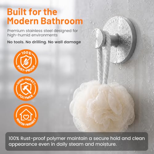 Upgraded Suction Cup Hooks for Shower, No-Drill Bathroom Hooks for Hanging Towels, Robes & Loofah - Mount on Kitchen Walls, Window, Glass, Mirror, Tile & Smooth Surfaces (2 Pack, Silver Tone) - color: Silver