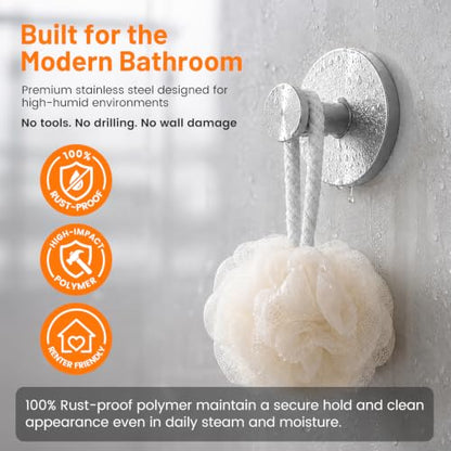 Upgraded Suction Cup Hooks for Shower, No-Drill Bathroom Hooks for Hanging Towels, Robes & Loofah - Mount on Kitchen Walls, Window, Glass, Mirror, Tile & Smooth Surfaces (2 Pack, Silver Tone) - color: Silver