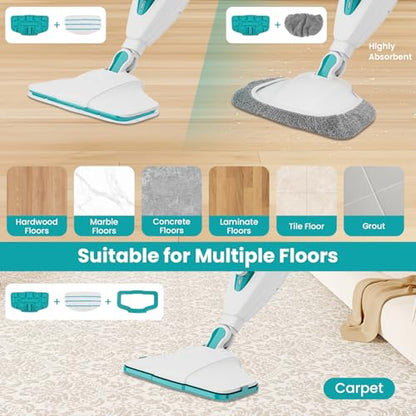10-in-1 Steam Mop, 1550W Detachable Handheld Steam Cleaner with 350ML Tank for Floor Cleaning, 16FT Power Cable, 2 Washable Pads, Multi-Purpose Steamer for Hardwood, Carpet, Tile, Windows,Cyan