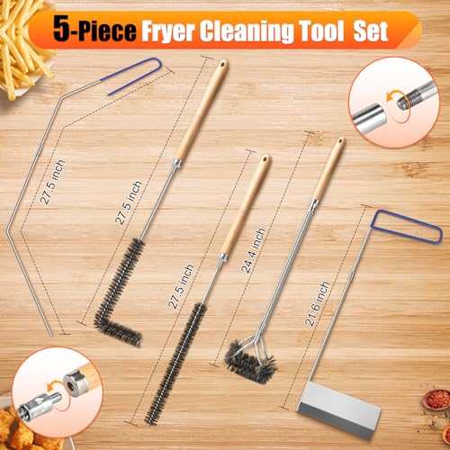 Fryer Cleaning Tool 5 Piece Set, Deep Fryer Basket Brush, Long Handle L-Shaped & Straight Crevice Cleaning Brush, Cleanout Rod Kit and V-Shaped Strainer Scoop for Restaurant, Kitchen Maintenance - style: 5 Pack