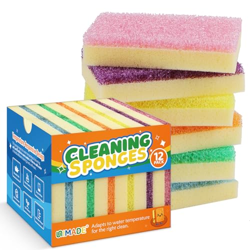 UNIMADE Scrub Sponge, Temperature Responsive Dual-Sided Cleaning Sponges, Non-Scratch Dish Sponge for Kitchen, Soft in Warm Water & Firm in Cold, 12 Pack - size: 12 Pack