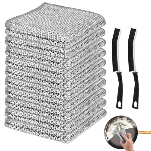 Double Layer Steel Wire Cleaning Cloth with Handle Brush Set, Washable Scrub Pads for Kitchen Cookware, Sink, Oven, Vegetables - color: 10 Pairs of Double-layer Cloths + 2 Thick Brushes