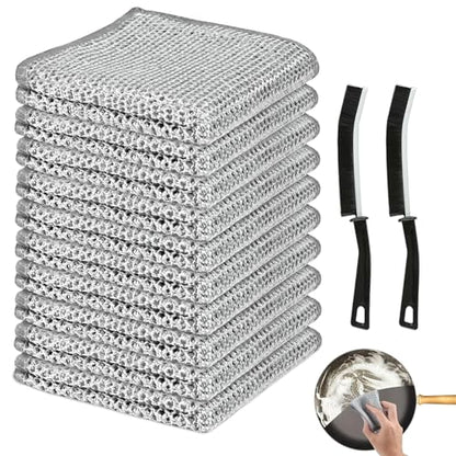 Double Layer Steel Wire Cleaning Cloth with Handle Brush Set, Washable Scrub Pads for Kitchen Cookware, Sink, Oven, Vegetables - color: 10 Pairs of Double-layer Cloths + 2 Thick Brushes