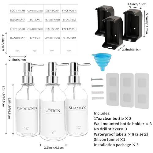 Shampoo and Conditioner Dispenser, Shower Soap Dispenser with 16 Waterproof Labels, Shampoo Dispenser for Shower Wall, Shower Dispenser 3 Chamber No Drill, 17oz, Clear - color: Clear Bottle + Silver Pump