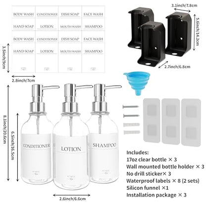Shampoo and Conditioner Dispenser, Shower Soap Dispenser with 16 Waterproof Labels, Shampoo Dispenser for Shower Wall, Shower Dispenser 3 Chamber No Drill, 17oz, Clear - color: Clear Bottle + Silver Pump