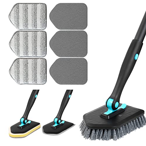 3 in 1 Scrub Cleaning Brush with Long Handle 51'' - Shower Bathtub Tub & Tile Scrubber Brush Include 1 Stiff Brush Head & 3 Scouring Pads & 3 Microfiber Clothes, for Wall Bathroom Glass Bathtub(Black) - color: Black