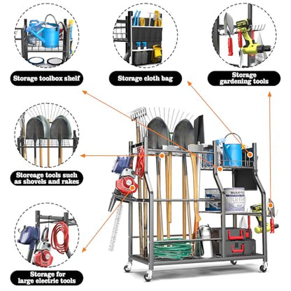36" Large Garden Tool Organizer with Wheels & Side Tool Bag, 3 Tier Rolling Garage Storage Rack for Long Handled Rakes, Shovels, Brooms, Freestanding Yard Tools Cart for Shed & Outdoors