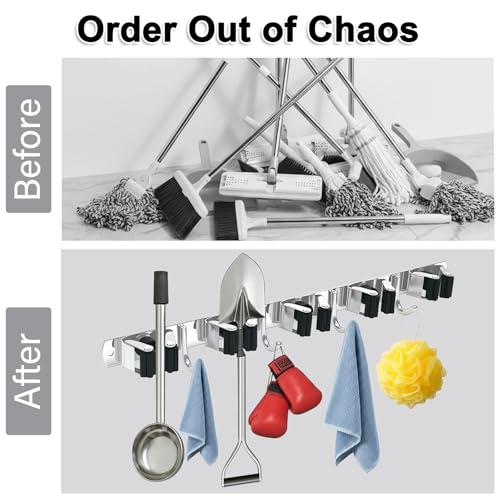 2 Packs 5 Racks and 4 Hooks Mop and Broom Holder Wall Mount, SUS304 Heavy Duty Broom Organizer Storage Tool Racks, Self Adhesive Solid Non-slip Tool Hangers for Home Kitchen Garden Laundry Garage - color: 5 Racks & 4 Hooks (Silver) - 2 Pack