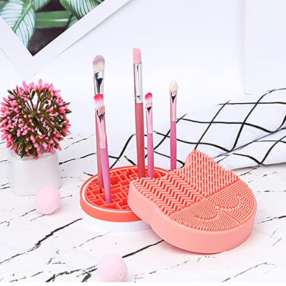 Silicon Makeup Brush Cleaner Mat with Portable Cat Shaped Cosmetic Brush Cleaning Pad Holder - Light Green - color: New Light Green