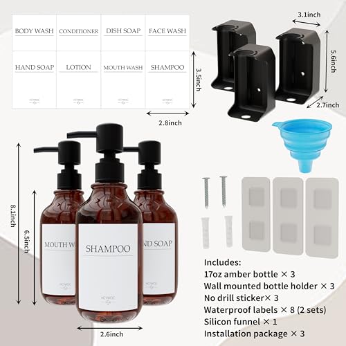 Shampoo and Conditioner Dispenser, Shower Soap Dispenser with 16 Waterproof Labels, Shampoo Dispenser for Shower Wall, Shower Dispenser 3 Chamber No Drill, 17oz, Amber - color: Amber