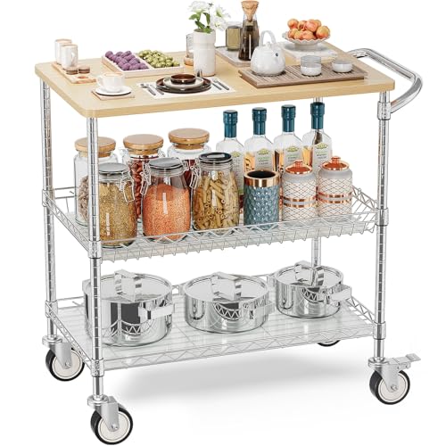 Leteuke Rolling Kitchen Carts with Wheels, 34" L x 17.5" W, 3-Tier Heavy Duty Utility Cart with Wood Tabletop, NSF Commercial Metal Serving Cart with Handle and Shelf Liner for Kitchen, Chrome - color: Wood-chrome