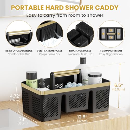 BYUNER Portable Cleaning & Shower Caddy with Handle: Rigid Plastic Basket with 4 Divided Compartments, All-Side Drainage for College Dorm, Bathroom & Utility Use, Black/Gold - color: Black/Gold