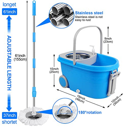 Mop Bucket with Wringer Set, Extended Stainless Steel Handle, 3 Microfiber Replacement Mop Head Refills, 2 Wheels for Household Cleaning, Hardwood Floor Tiles, Blue/Gray