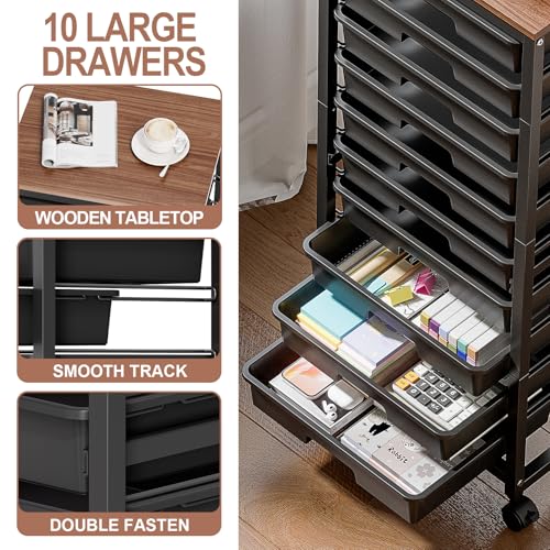 SYKIARIOL Rolling Cart with Drawers,10 Drawer Rolling Cart,Storage Cart,Utility Cart,Teacher Cart for Classroom Storage,Craft Cart with Wheels and Wooden Tabletop,Black - color: Black