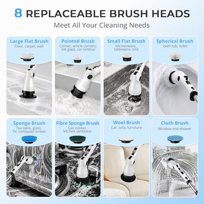 Electric Spin Scrubber, Cordless 3 Speeds 8 Heads Bathroom Cleaning Brush | 450RPM, 54" Extendable Handle, 8 Replaceable Brush Heads, Heavy-Duty, Power Scrubber for Shower, Tub, Tile, Floor, Wall Clean