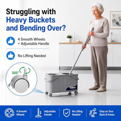 RinseWise Compact Gen 1 Spin Mop and Bucket with Wringer, 1.5 Gal Clean Water Capacity, Clean & Dirty Water Separation, 4 Swivel Wheels, 61" Long Handle, 6 Mop Heads for Daily Floor Cleaning
