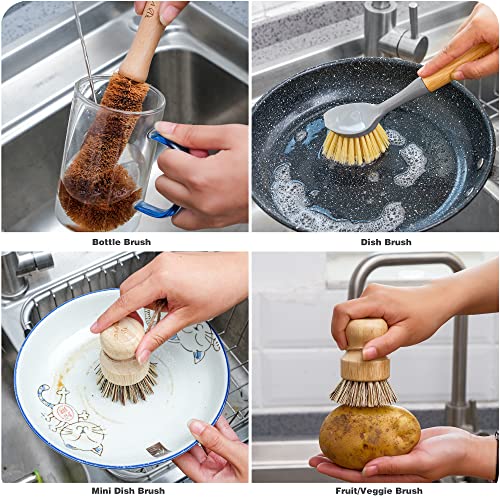 Natural Bamboo Dish Brush Bottle Scrub Brush 4-Piece Set, with Ceramic Soap Dispenser - Wooden Washing Up Brushes with Sturdy Handles for Cleaning Dishes, Pots, Pans, Gift Kit