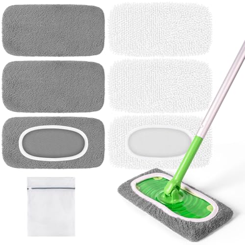 6 Pack Reusable Mop Pads Compatible with Swiffer Sweeper Mop, Washable Wet Pads Refill, Dry Sweeping Cloths, Microfiber Pads for Mopping Floors (Gray, White) - color: Gray, White