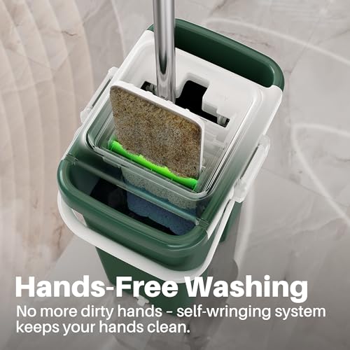 JOYMOOP Commercial Mop and Bucket Set, 17.7-inch Dust Mops for Floor Cleaning, Flat Mop Bucket with Wringer, Include 3 Reusable Microfiber Mop Pads - Forest Green - size: 17.7" Mop-head - 60" Mop+3 Mop Pads