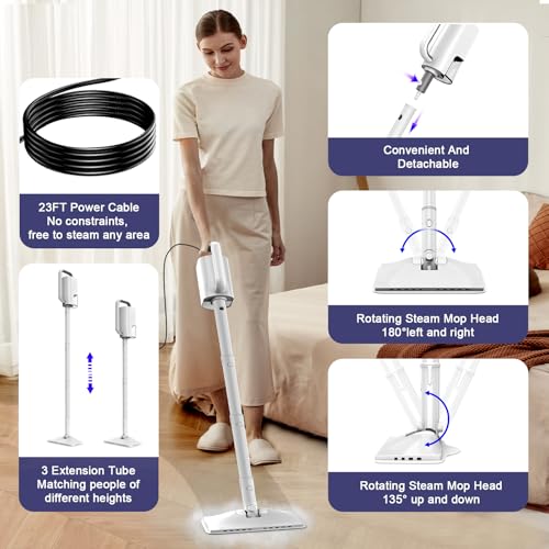 Steam Cleaner, 6 in1 Rotated Steam Mop Cleaner with 2 Modes, 2 Microfiber Pads, 400ML Removable Tank, 23FT Power Cable, Detachable Steam Mops for Floor, Laminate Floor, Tiles Cleaning (Stone White) - color: Stone White