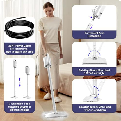 Steam Cleaner, 6 in1 Rotated Steam Mop Cleaner with 2 Modes, 2 Microfiber Pads, 400ML Removable Tank, 23FT Power Cable, Detachable Steam Mops for Floor, Laminate Floor, Tiles Cleaning (Stone White) - color: Stone White