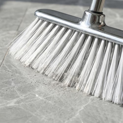Metal Dustpan with Soft Bristles Broom Heavy Duty Stainless Steel Upright Standing Dust Pan and Broom for Sweeping Indoor Outdoor Home Kitchen Office Lobby Hardwood Floor Cleaning