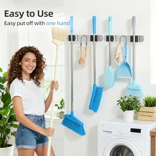 Broom Holder Wall Mount, 2-Pack Stainless Steel Mop and Broom Organizer, Broom Hanger with 2 Slots 2 Hooks for Home Kitchen, Garage, Garden and Laundry Room, Silver - color: Silver-2 Pack