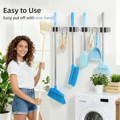 Broom Holder Wall Mount, 2-Pack Stainless Steel Mop and Broom Organizer, Broom Hanger with 2 Slots 2 Hooks for Home Kitchen, Garage, Garden and Laundry Room, Silver - color: Silver-2 Pack
