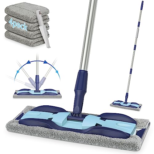 Microfiber Mops for Hardwood Floor Cleaning: MEXERRIS Flat Floor Mop with 4 Washable Pads 59" Adjustable Handle - Dust Dry Mop for Kitchen BathroomTile Laminate Wood Vinyl - Home Commercial Mops - color: Blue