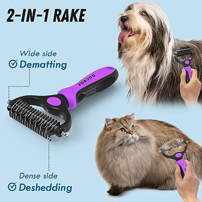 Docrok Pet Grooming Brush and Metal Comb Combo - Undercoat Rake for Dematting and Deshedding Long Matted Haired Dogs and Cats, Purple - color: Purple