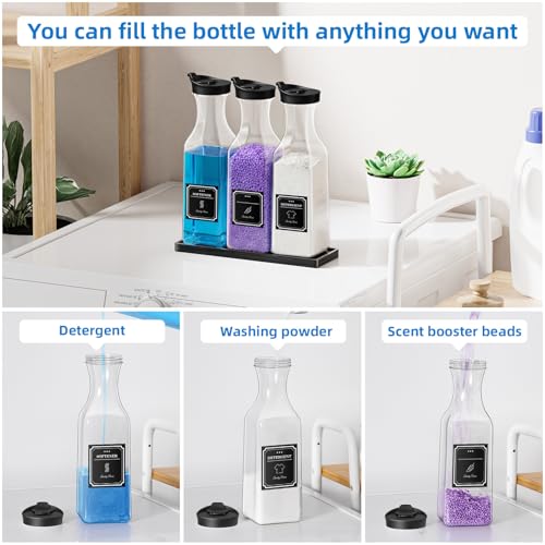 Laundry Detergent Dispenser,54OZ Laundry Soap Dispenser,Liquid Laundry Detergent Container,Fabric Softener Dispenser with Black Wood Tray,Laundry Room Organizer with 4 Labels - color: Black With Black Tray