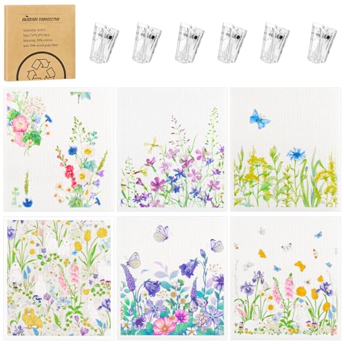 Needbrock 6 Pack Spring Floral Swedish Dishcloths for Kitchen, Absorbent Dish Cloths Swedish Rags Dish Towels with Adhesive Clips, Reusable Paper Towels No Odor for Cleaning Sink Kitchen - color: Floral Patterns