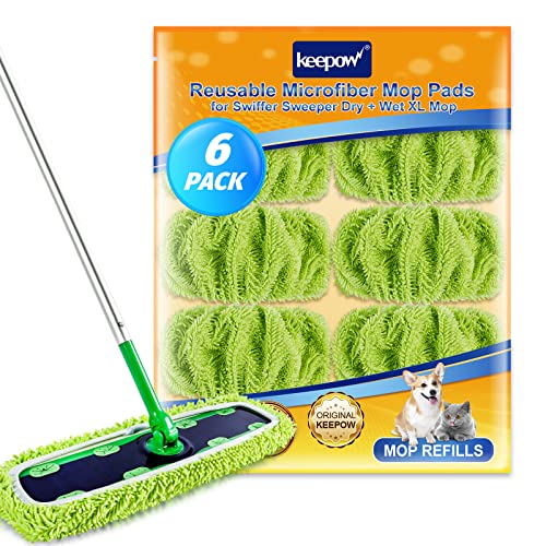 KEEPOW XL Dry Sweeping/Wet Mopping Cloths for Swiffer XL Sweeper, Reusable & Washable Microfiber Mop Pad Refills for Surface/Hardwood Floor Cleaning, 6 Pack - size: 6 Pack, Green
