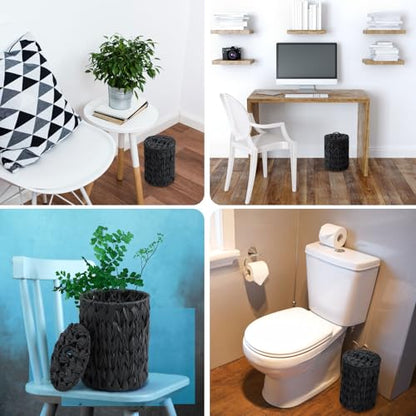 Ctosree 1.3 Gallons Small Trash Can with Lid Handle Boho Woven Braided Bathroom Waste Basket Trash Can with 100 Garbage Bags for Bedroom Office Laundry(Braided Polypropylene, Black) - color: Black, style: Braided Polypropylene