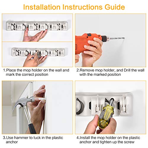 Champs Mop Broom Holder Wall Mounted Commercial Organizer Storage Rack for Garden Tools, Kitchen, Garage and Laundry [5 Slots with 6 Hooks]