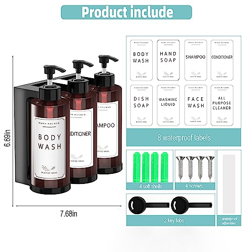 Plastic Soap Dispenser，Wall Mount Shower Pump，No-Drill Wall Mounted Shower Soap Dispenser，Shampoo and Conditioner Dispenser Modern Refillable Shampoo Pump Bottles for Shower Soap - color: 3pcs 300ml