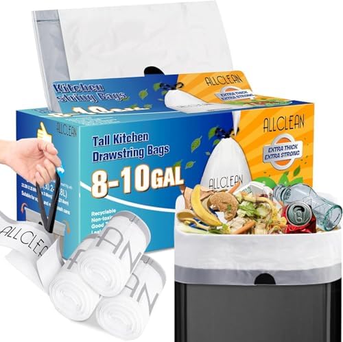 Trash Bags 10 Gallon Medium Kitchen Drawstring Bathroom Garbage Bags, Fit 8-10 Gal Bins,Extra Strong&Leak-Proof,Unscented&Recyclable Trash Can Liners for Bathroom Home Office Garden Lawn - style: 8-10 Gallon-White