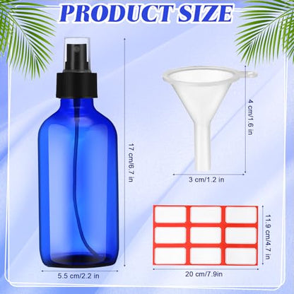 Norme 12 Pcs 8 oz Glass Spray Bottles with Funnels and Labels Refillable Cosmetic Empty Spray Bottles with Sprayer Containers for Essential Oil Cleaning Solutions(Blue,Stylish) - color: Blue, style: Stylish