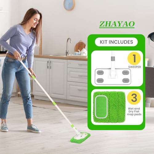 Reusable Microfiber Floor Mop System, Wet & Dry Sweeper Kit, Includes 1 Sweeper Handle, 3 Washable Chenille Mop Pads, Dry & Wet Use for Hardwood, Tile, and Laminate Floor, Green - color: Green
