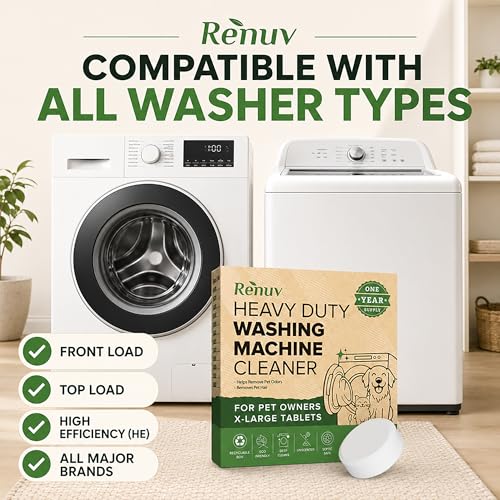 Renuv® Heavy Duty Washing Machine Cleaner For Pet Owners, 12 XL Tablets | For Dog & Cat Hair, Removes Stink, Odor, Residue, Grime, Front Load or Top Load Washer, HE and Septic Safe, 1 Year Supply - style: 12 Tablets