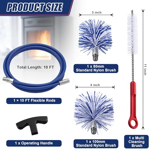 Dreyoo Pellet Stove Cleaning Brush Kit, 10 FT Flexible Steel Rod with 3" & 4" Brush Head, T Handle, Multi Purpose Flue Detail Cleaner, Nylon Stove Flue Pipe Kit for Pellet Furnace Exhaust Pipes - size: 10FT with 3" & 4" Brush Heads